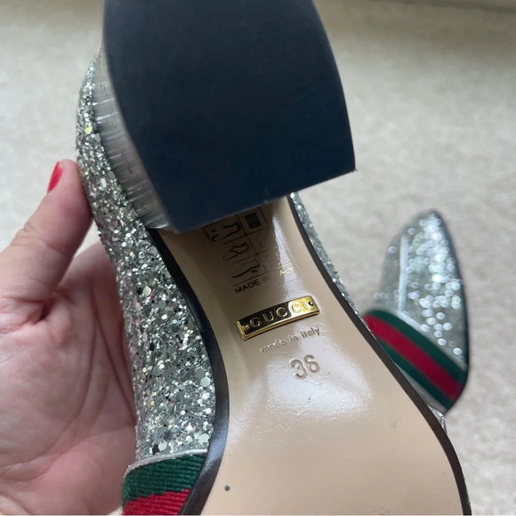 GUCCI Peyton Glitter Block Heel Loafers In Argento Silver - Picture 7 of 12